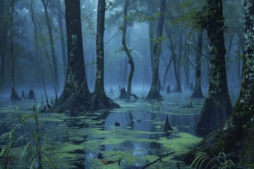 Obraz premium Cypress trees growing in dark, misty swamp at dusk, creating an eerie and mysterious atmosphere