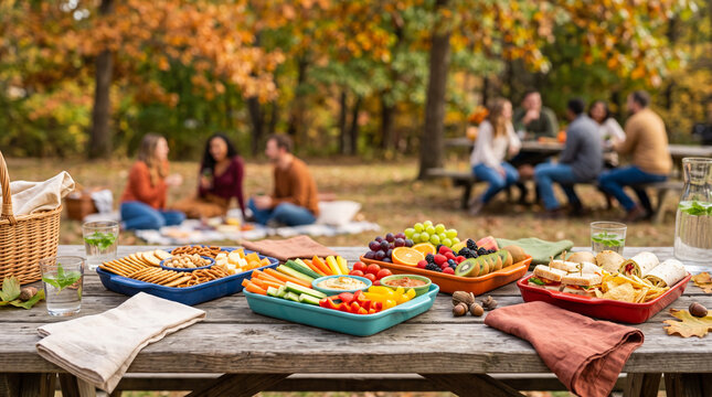 Autumn picnic spread on wooden table with charcuterie fruits and snacks for outdoor gathering background
