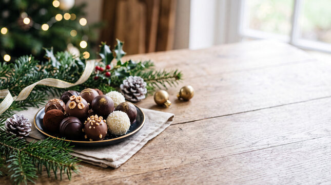 Assorted chocolate truffles on a plate with pine decor for holiday dessert table background and festive celebration setting
