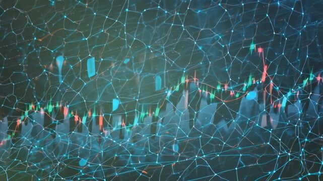 Abstract AI Neural Network with Stock Market Candlestick Chart Overlay