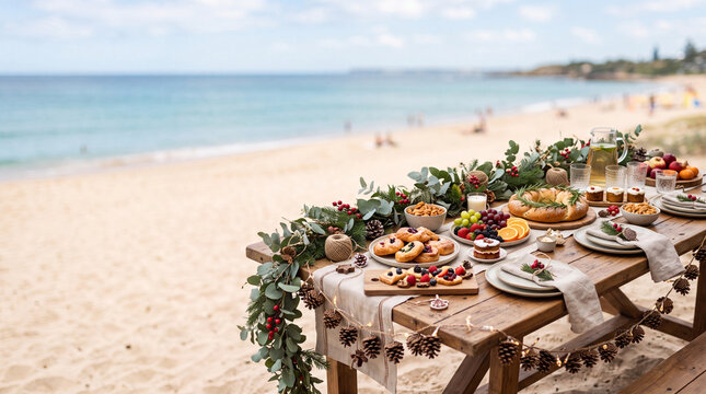 Coastal festive food table on the beach with holiday decorations desserts and greenery for party banner and summer celebration background