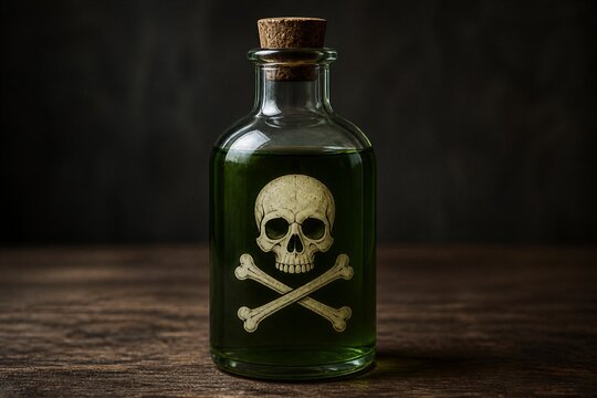 Glass bottle with poison skull label on wooden table