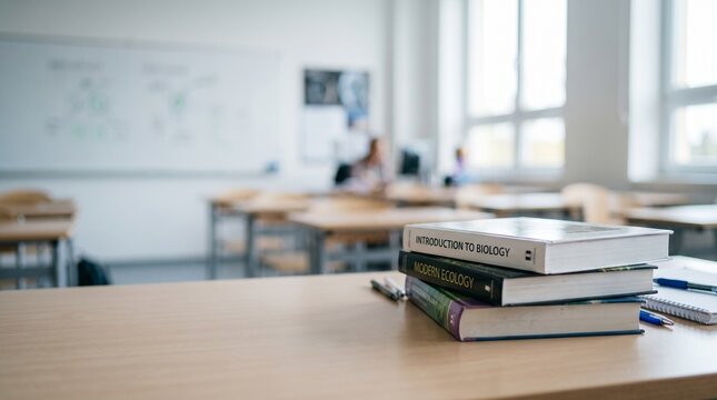 Stack of biology and ecology textbooks on a classroom desk for education background and study preparation in academic settings