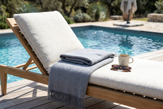 Sun lounger with cushion towel sunglasses and coffee mug by the pool for relaxing outdoor deck scene and leisure lifestyle imagery