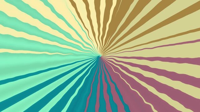 Retro, abstract, multicolor wavy, groovy, hippie, flat, abstract, cartoon looping sky background in seventies style with rays and sun beams