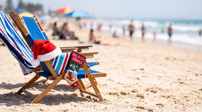 Sunny beach christmas scene with striped deck chair, santa hat and stocking for seaside holiday background and summer festive banner for travel and seasonal marketing