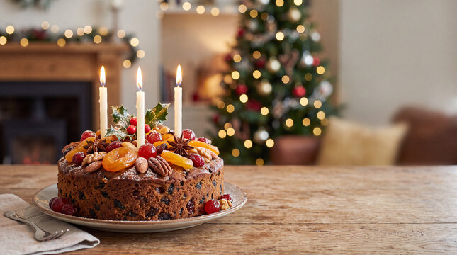 Traditional christmas fruitcake with candles on a wooden table in a cozy living room for holiday dessert table background and festive seasonal decoration