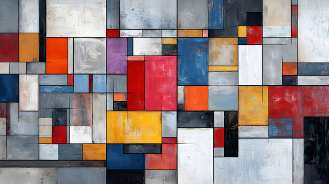 Bold primary color wallpaper combining rectangular planes black dividers and clean architectural balance