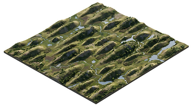 Detailed 3D terrain model of an isolated green landscape with rolling hills and streams
