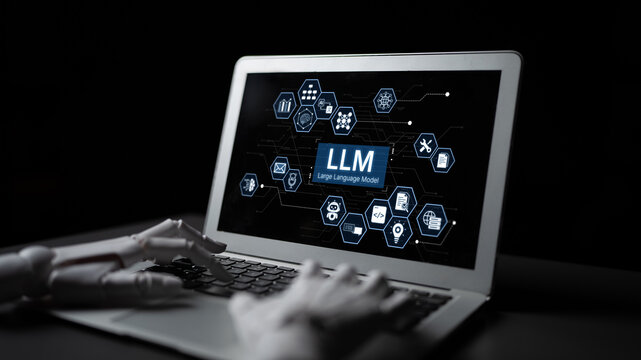 Large Language Model LLM processing data. Represents deep text learning, natural language processing NLP AI tech, transformer architecture, and generative AI deep learning future technology. Corpus