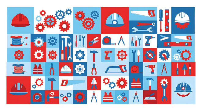 Industrial construction tools pattern, flat vector icons of hardware and engineering equipment, red and blue geometric work safety background