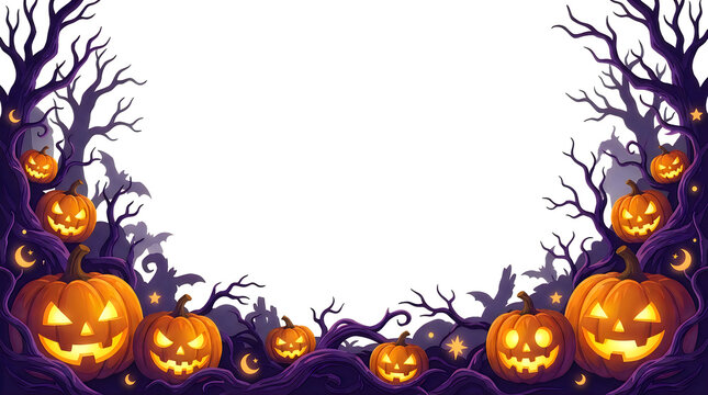 Halloween background frame with glowing jack o lanterns and dark spooky trees on a white isolated background