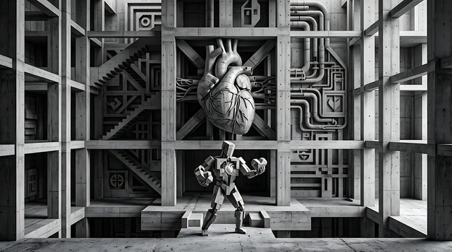 Robot with a human heart in a brutalist industrial structure
