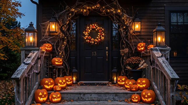Halloween decorated front porch with glowing jack-o-lanterns, spider webs, autumn branches, and a wreath on a dark door with number thirteen