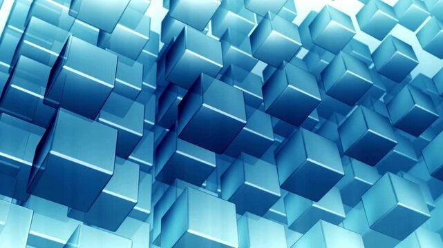 Abstract blue 3d cubes motion background featuring geometric glass blocks moving in synchronized patterns with soft light reflections for digital displays.