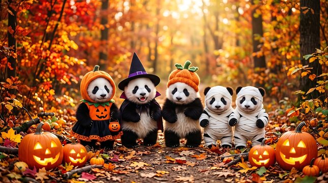 Five adorable baby pandas dressed in various halloween costumes standing in a vibrant autumn forest with orange pumpkins on the ground