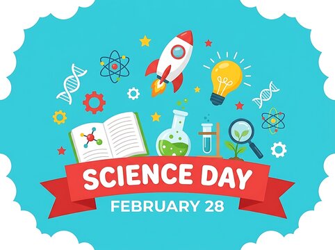 National Science Day celebration with scientific symbols and rocket launching into space