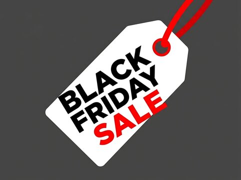 Promotional white tag with black friday sale text and red ribbon against a dark background