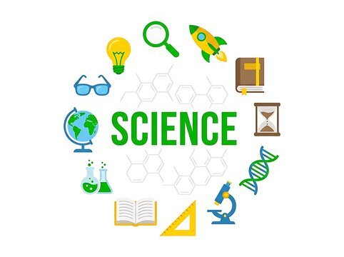 Science and research symbols arranged around the word science in a circular pattern