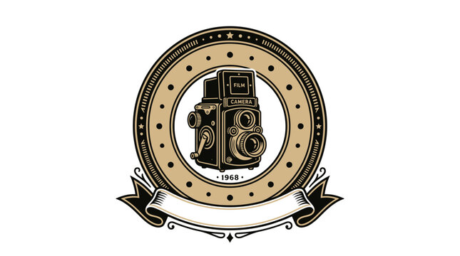 Camera captures a vintage twin lens reflex aesthetic within a circular emblem frame suitable for professional studio branding.