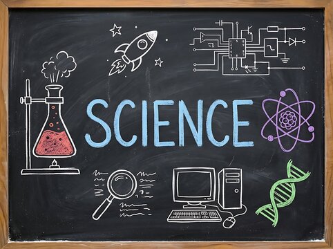 Chalk drawings of science concepts and the word science on a chalkboard