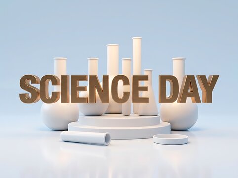 Golden Science Day Text with Laboratory Glassware on Display