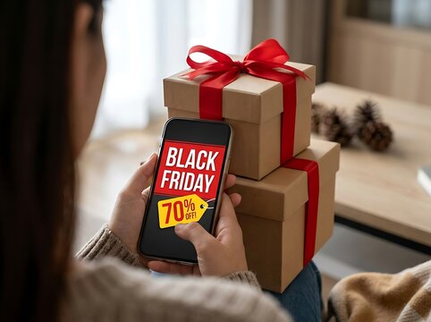 Woman holding smartphone showing Black Friday sale with seventy percent off discount near gifts