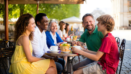 Obraz premium Diverse family eating at outdoor cafe. Multi-generational group enjoying lunch together.