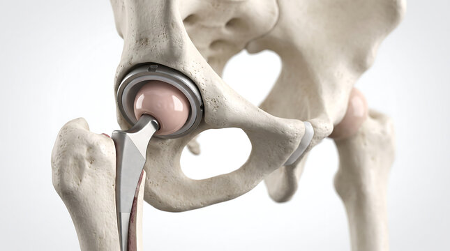 Medical illustration showing human hip replacement joint implant installed in pelvis bone structure for orthopedic surgery and prosthetic healthcare education