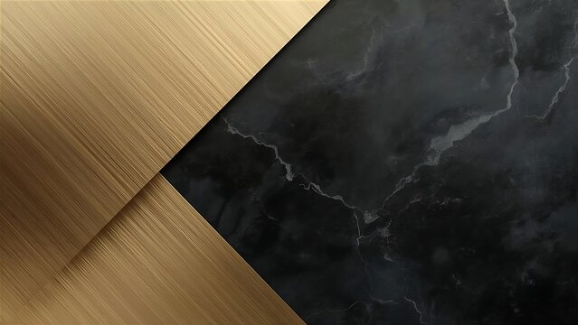  Asymmetric geometric luxury background with brushed gold plates over dark Nero Portoro marble with white veining and copy space