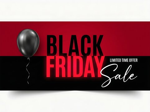 Black Friday sale promotion banner with a single black balloon and offer text