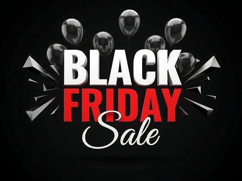 Dynamic Black Friday Sale text with black balloons and abstract geometric elements
