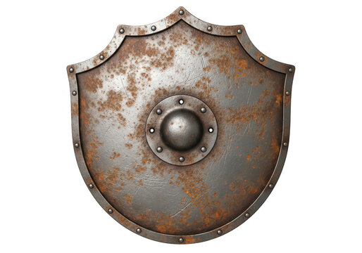 Medieval shield with central boss and rivets on transparent background armor