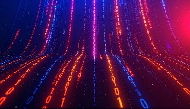 Neon binary code flowing diagonally on dark background