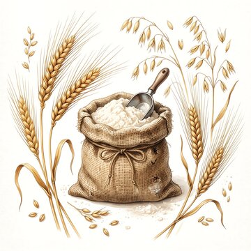 A detailed illustration of a burlap sack filled with white flour and a scoop, surrounded by golden stalks of wheat, oats, and cereal grains on a white background.