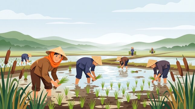 Asian farmers wearing traditional conical hats work together planting rice seedlings in flooded green paddy fields surrounded by mountains.