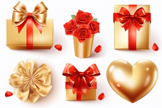 Golden gifts with red ribbons, a bouquet of roses, and a heart symbolizing love and romance
