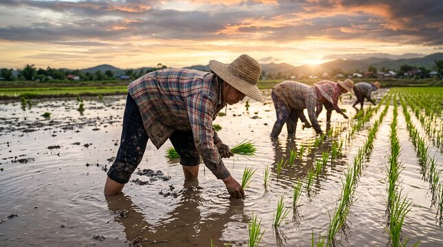 Farmers diligently transplant young rice seedlings into a flooded paddy field during a vibrant golden sunrise, showcasing the dedication of traditional agricultural life.