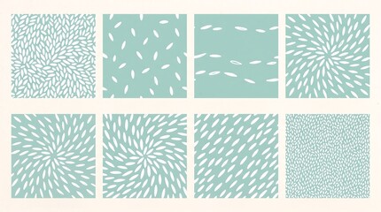 A collection of eight mint green abstract seamless patterns with white hand-drawn seed and rice motifs arranged in swirls, waves, and organic textures.