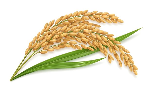 Detailed illustration of ripe golden rice ears with lush green leaves, representing a bountiful harvest, agriculture, and healthy natural grain crops on a white background.
