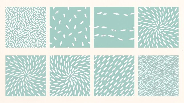A collection of eight mint green abstract seamless patterns with white hand-drawn seed and rice motifs arranged in swirls, waves, and organic textures.