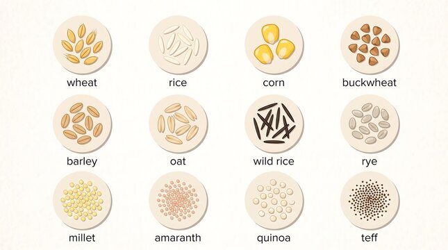 Educational infographic illustrating twelve types of cereal grains and pseudocereals, including wheat, rice, corn, buckwheat, barley, oat, quinoa, and teff on a light background.