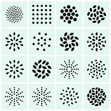 A collection of 16 minimalist geometric icons arranged in a 4x4 grid, featuring black abstract patterns, dots, and floral shapes on light teal square tiles.
