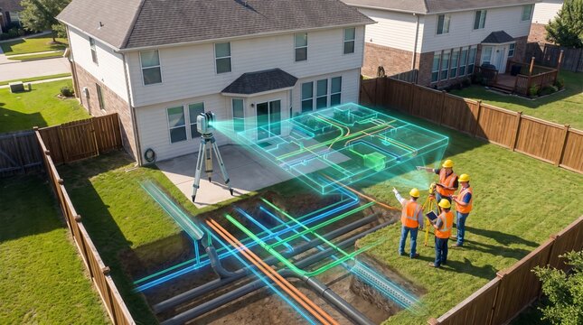Communication planning at home. Visualization of the construction of a house using a holographic projection of the site. Visualization of pipes and wiring using a hologram. building the future.