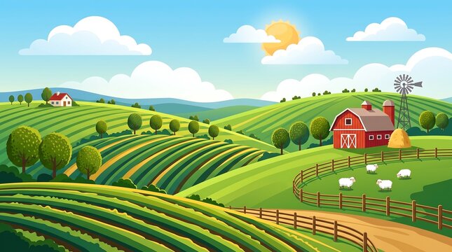 A bright and scenic cartoon farm landscape featuring rolling green hills, a red barn, grazing sheep, crop fields, and a sunny sky.