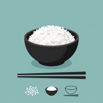 Minimalist vector illustration of a dark ceramic bowl filled with steaming white rice, paired with black chopsticks set against a soothing teal background.