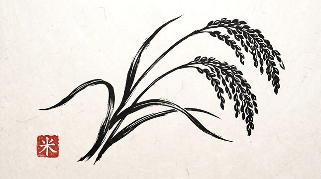 Traditional ink wash painting of a rice plant with ripe grain stalks on textured paper, featuring a red seal stamp in the corner.