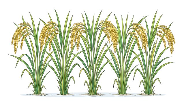 A detailed illustration of lush green rice plants with ripe, golden grains hanging in heavy panicles against a clean white background.