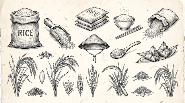 Hand-drawn vintage sketch set of rice farming elements, including paddy plants, sacks, scoop, conical hat, rice bowl with chopsticks, sickle, and zongzi on textured paper.