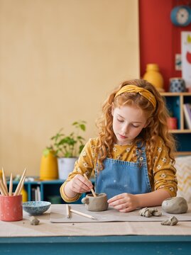 Young girl with curly red hair sculpting clay pot at a table. Creative child in art class working on pottery project. Crafting and hobby concept